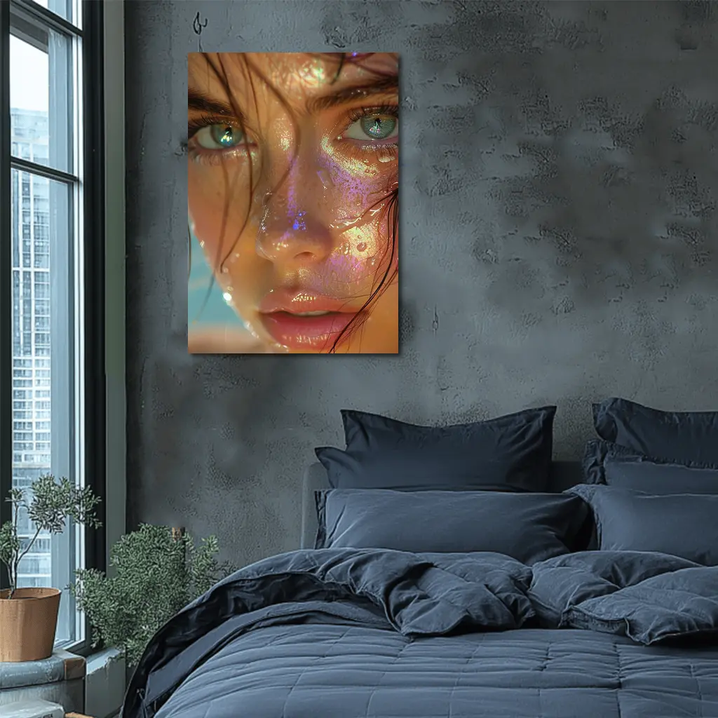 Close Up Woman Face Iridescent Glitter Drops – Wall Art