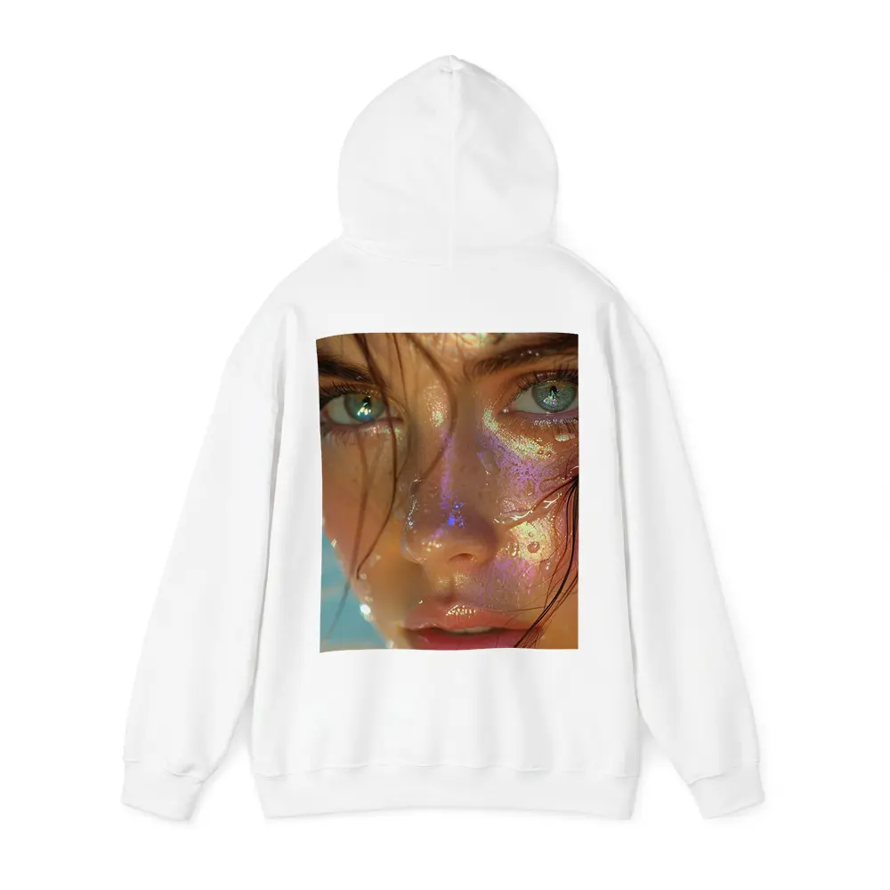Close Up Woman Face Iridescent Glitter Drops – Hoodies