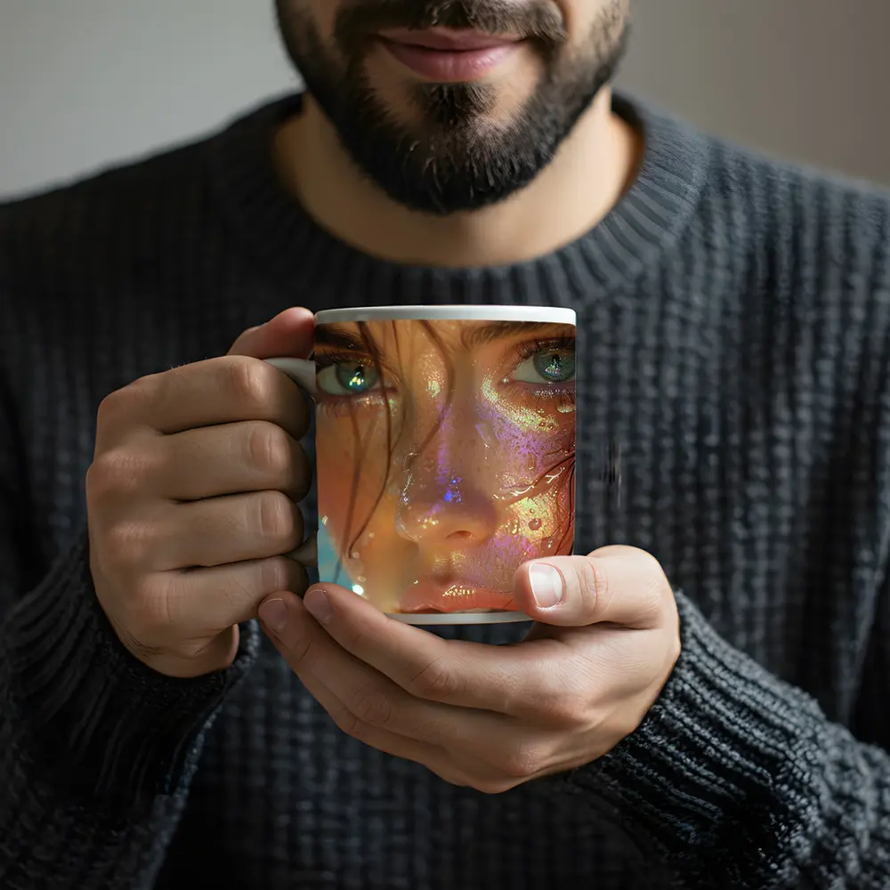 Close Up Woman Face Iridescent Glitter Drops – Mugs