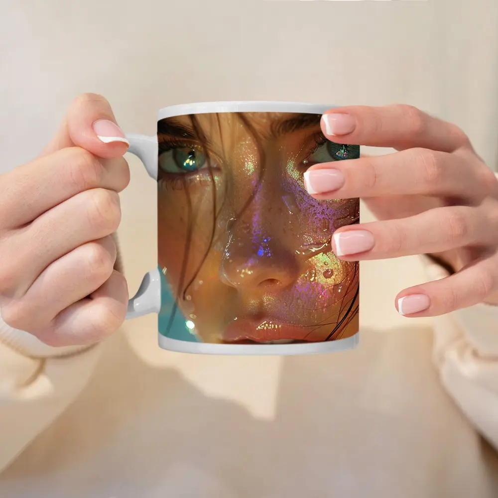 Close Up Woman Face Iridescent Glitter Drops – Mugs
