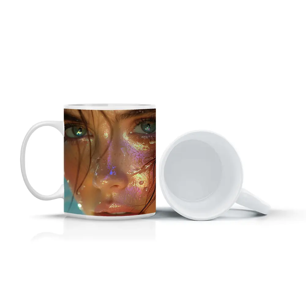 Close Up Woman Face Iridescent Glitter Drops – Mugs
