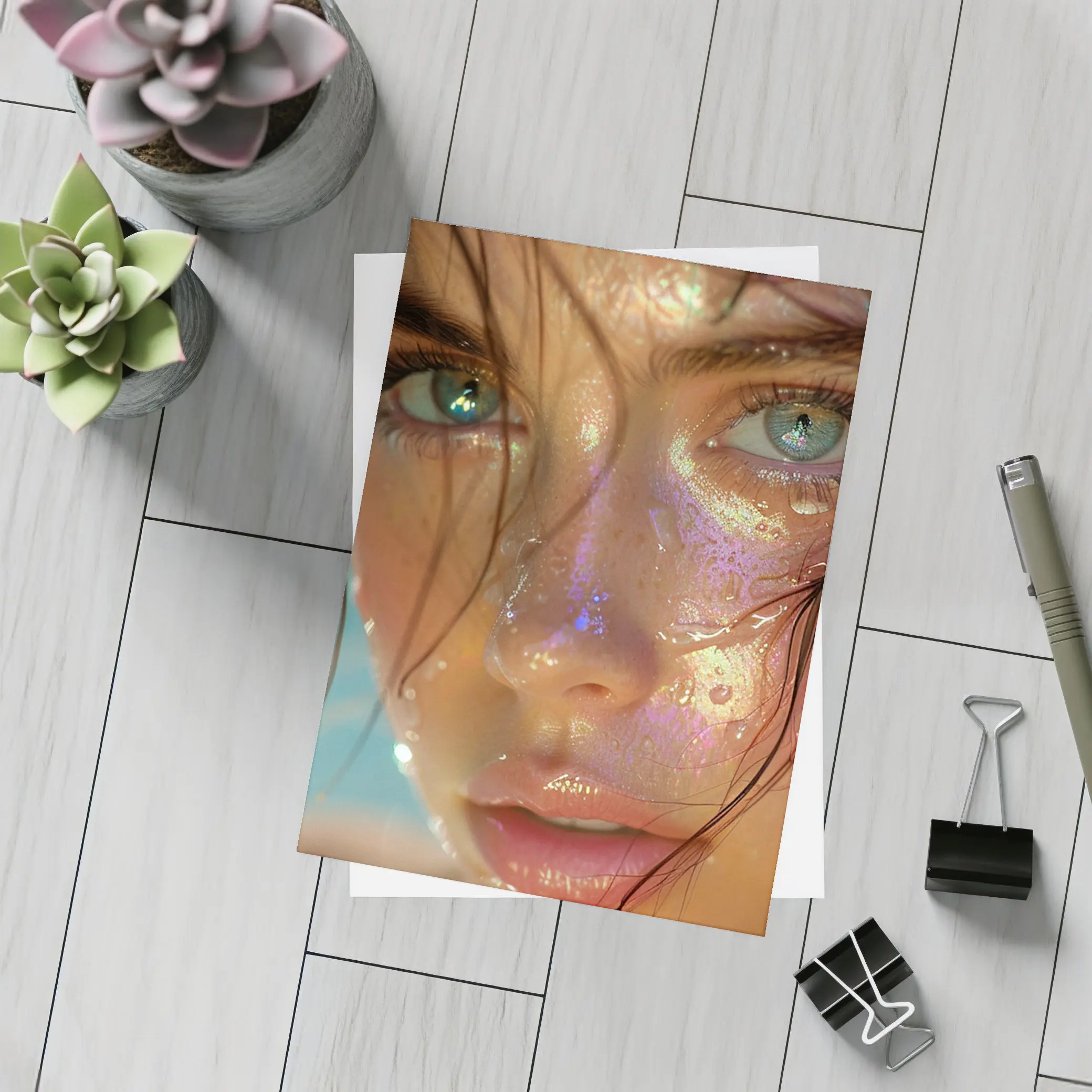 Close Up Woman Face Iridescent Glitter Drops – Postcards