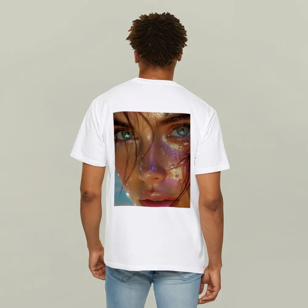 Close Up Woman Face Iridescent Glitter Drops – T-Shirts