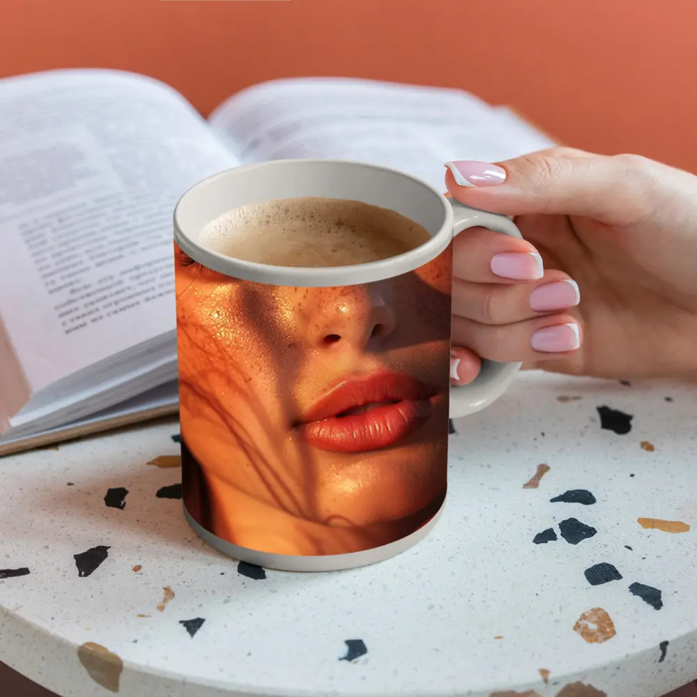 Freckled Woman Close Up Golden Hour Light – Mugs