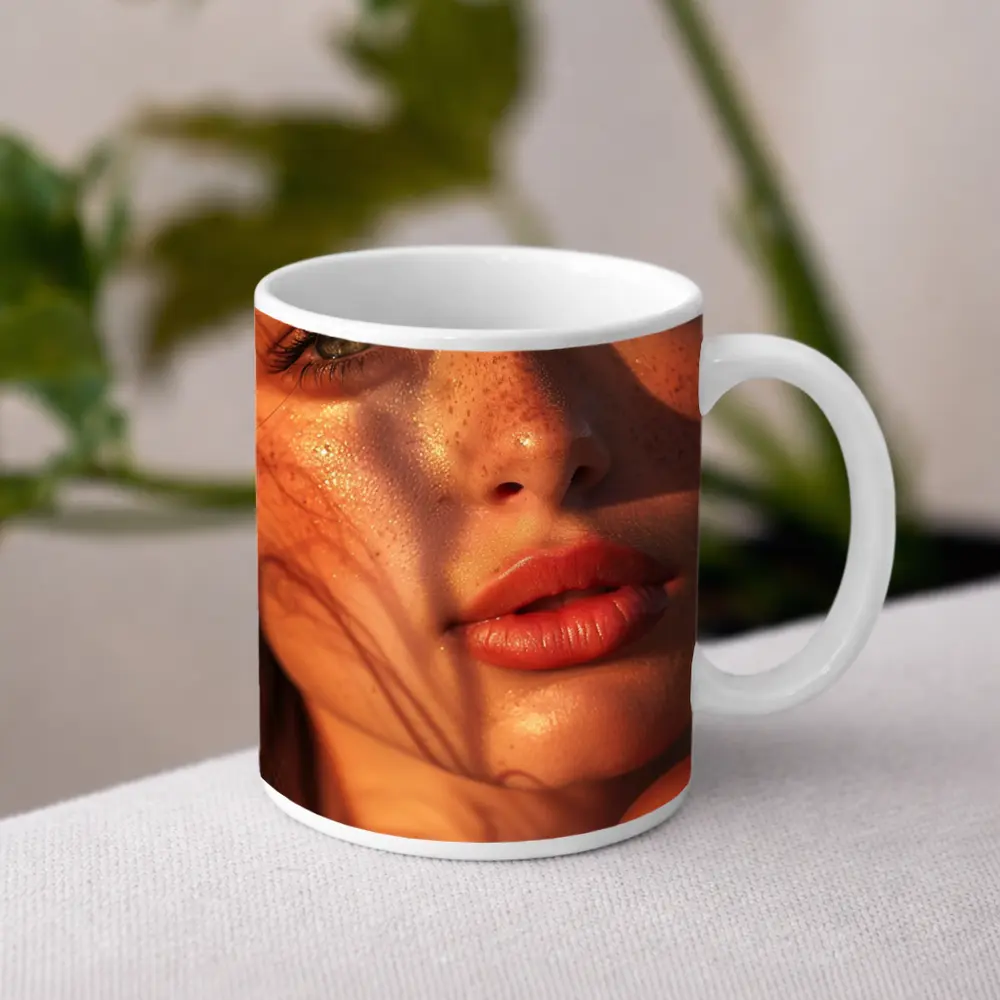 Freckled Woman Close Up Golden Hour Light – Mugs