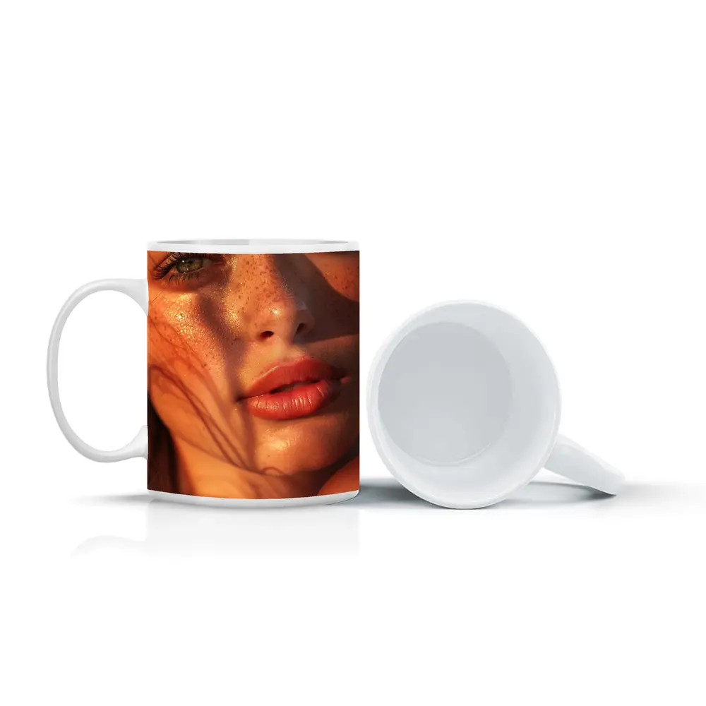 Freckled Woman Close Up Golden Hour Light – Mugs