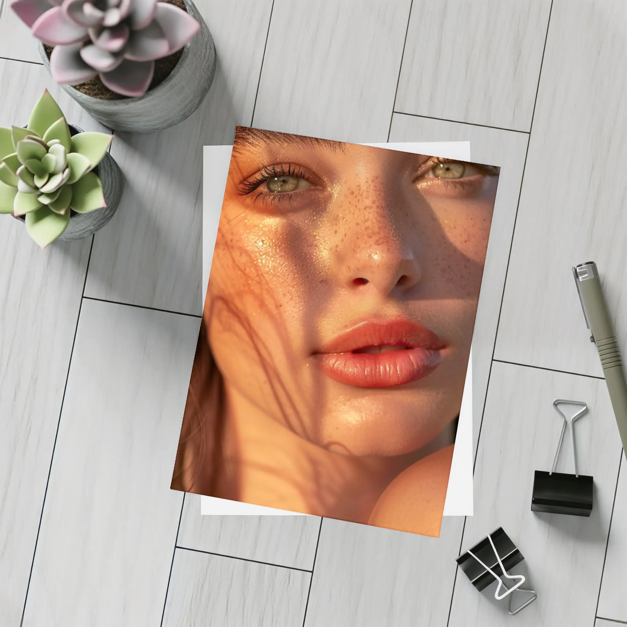 Freckled Woman Close Up Golden Hour Light – Postcards