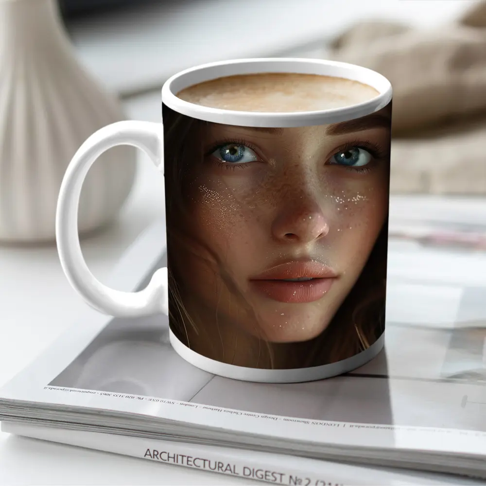 Blue Eyed Woman Portrait With Freckles – Mugs