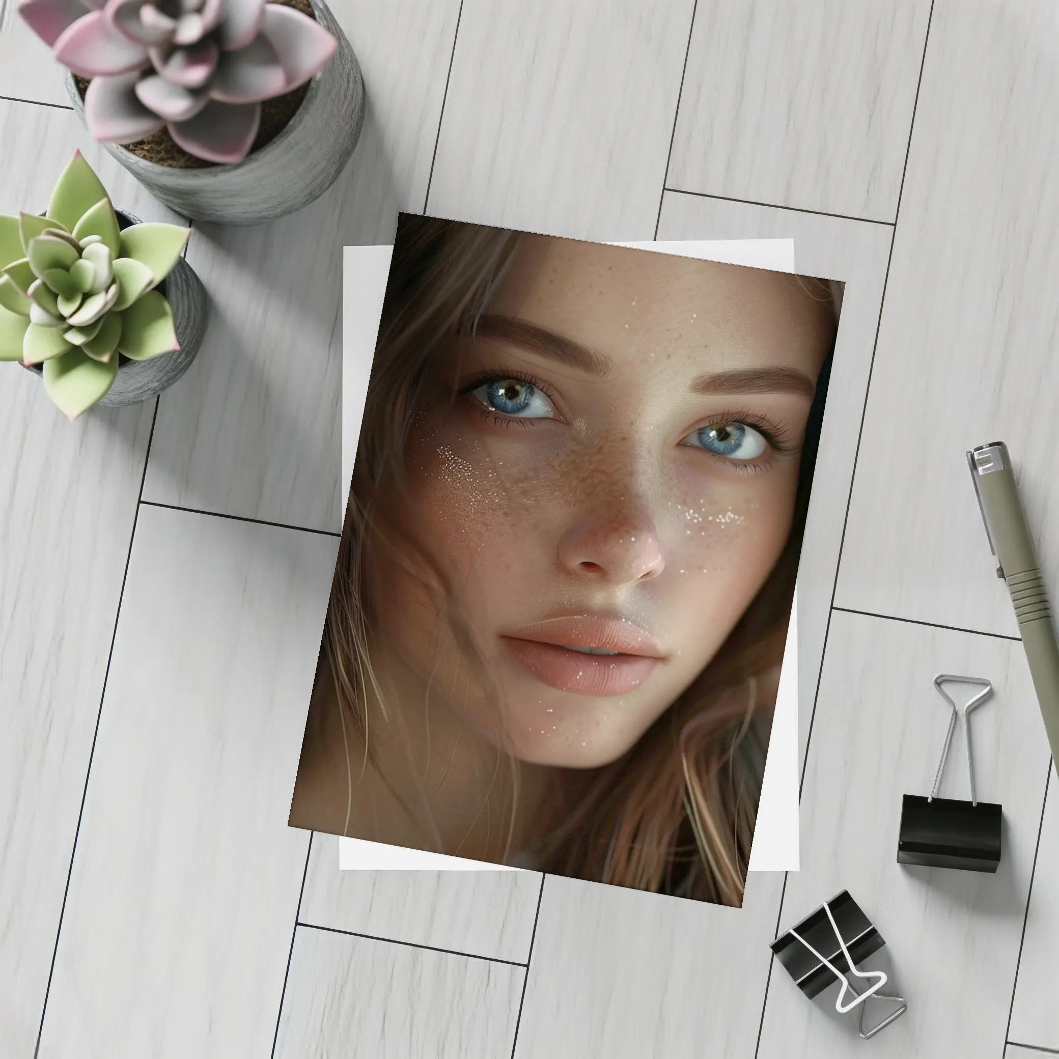 Blue Eyed Woman Portrait With Freckles – Postcards