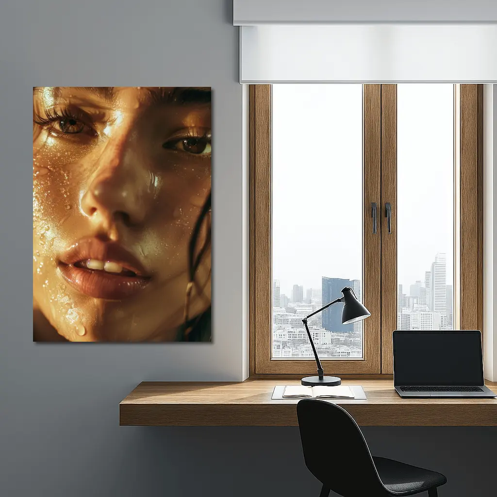 Close Up Woman Face Golden Water Drops – Wall Art