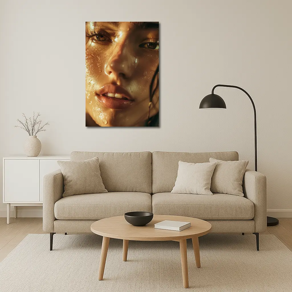 Close Up Woman Face Golden Water Drops – Wall Art