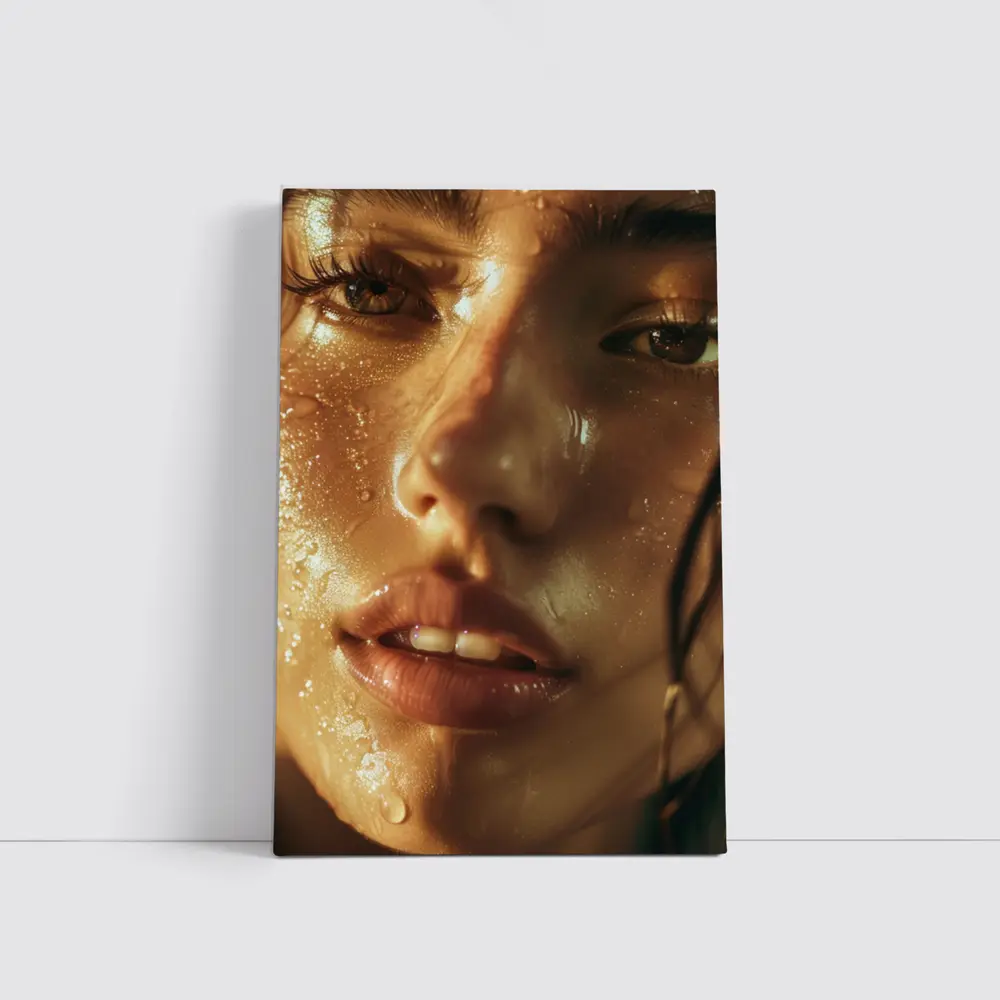 Close Up Woman Face Golden Water Drops – Wall Art