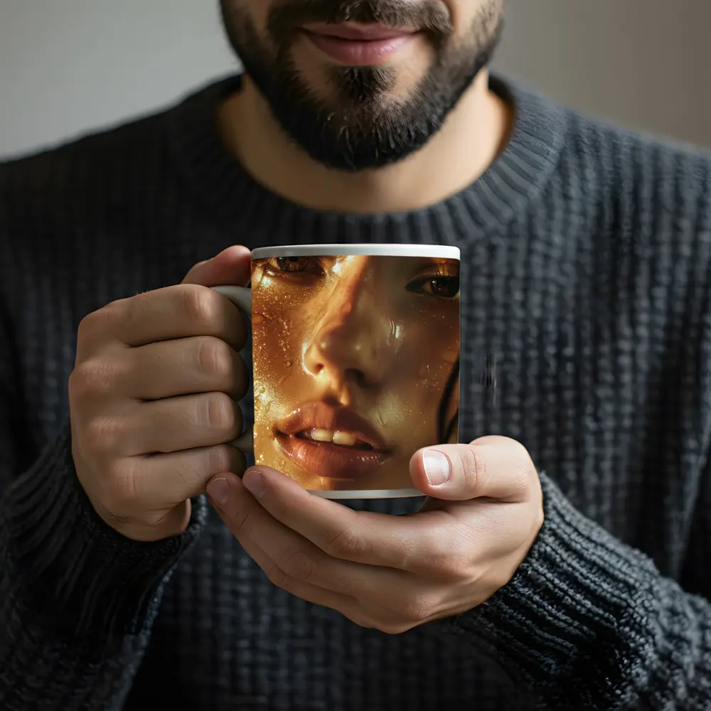 Close Up Woman Face Golden Water Drops – Mugs