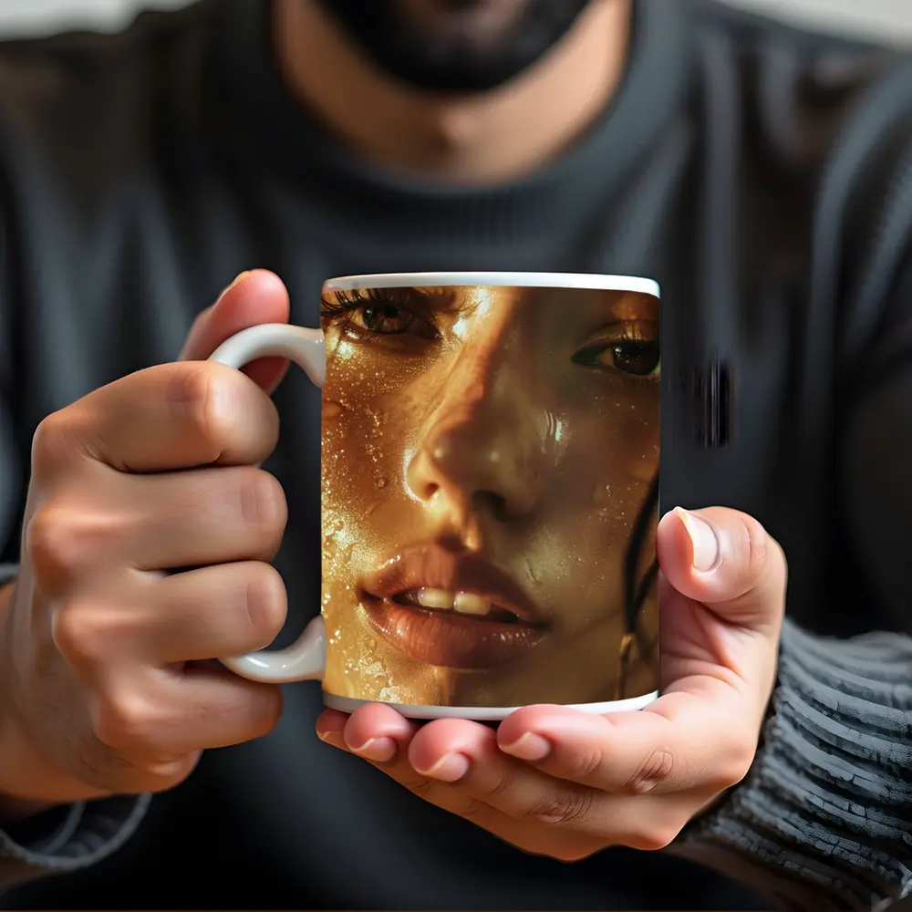 Close Up Woman Face Golden Water Drops – Mugs