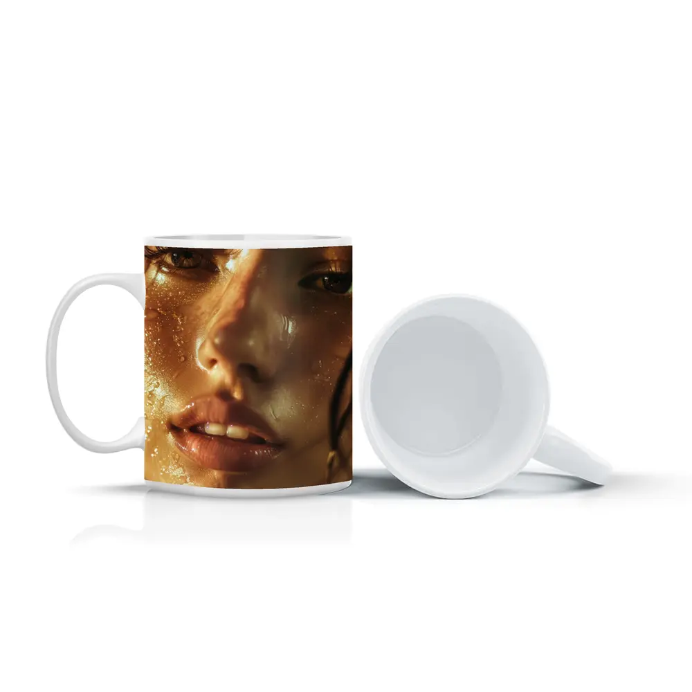 Close Up Woman Face Golden Water Drops – Mugs