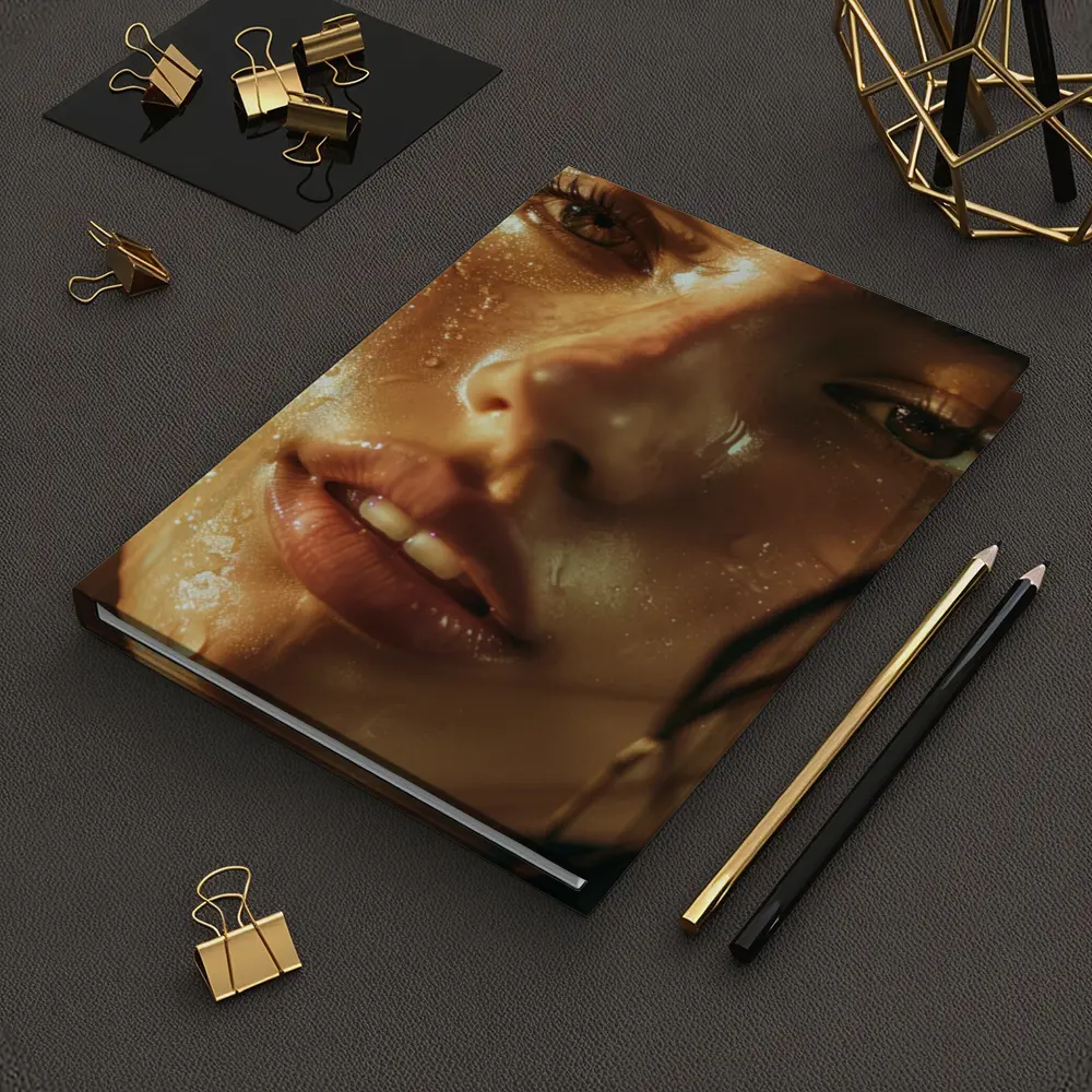 Close Up Woman Face Golden Water Drops – Notebooks