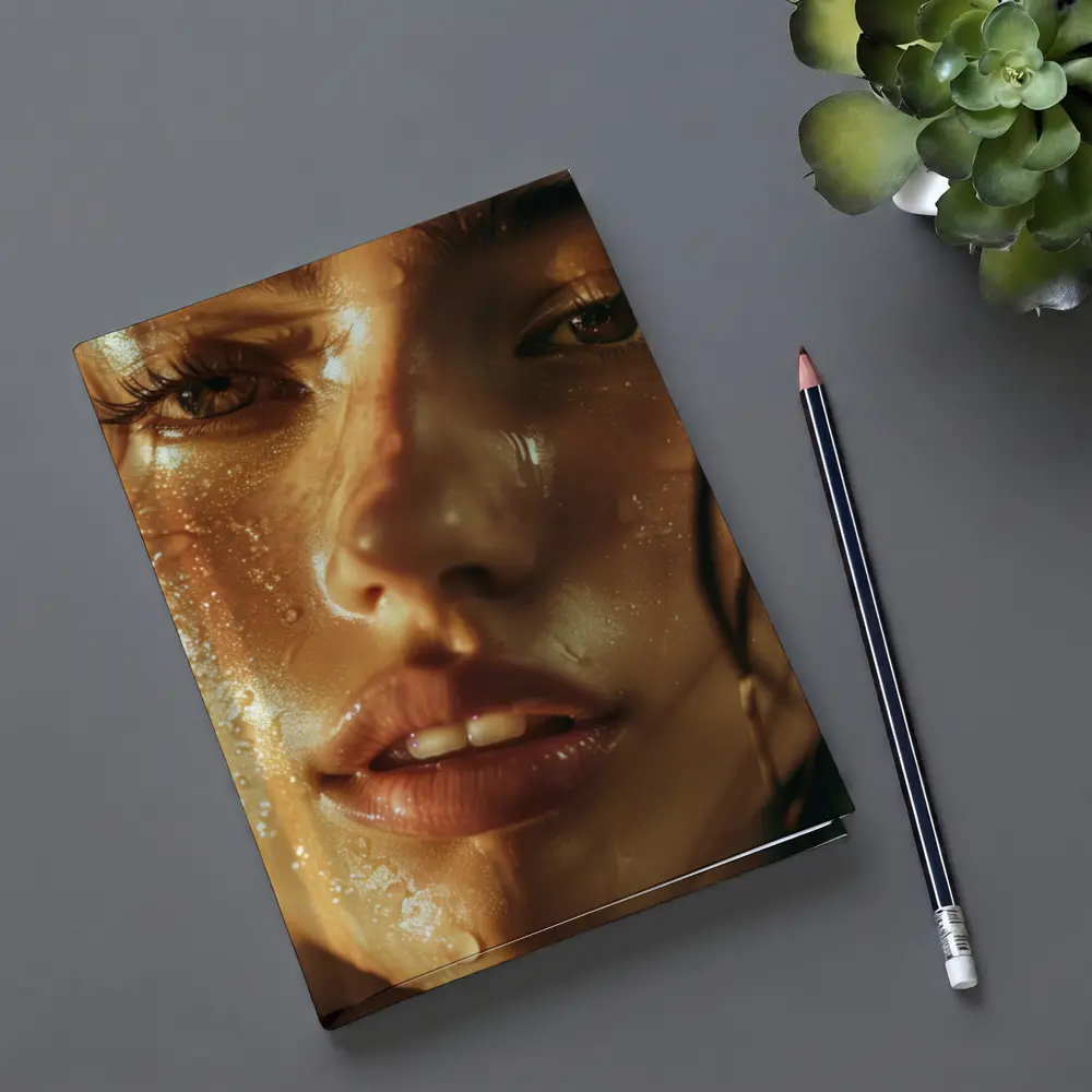 Close Up Woman Face Golden Water Drops – Notebooks