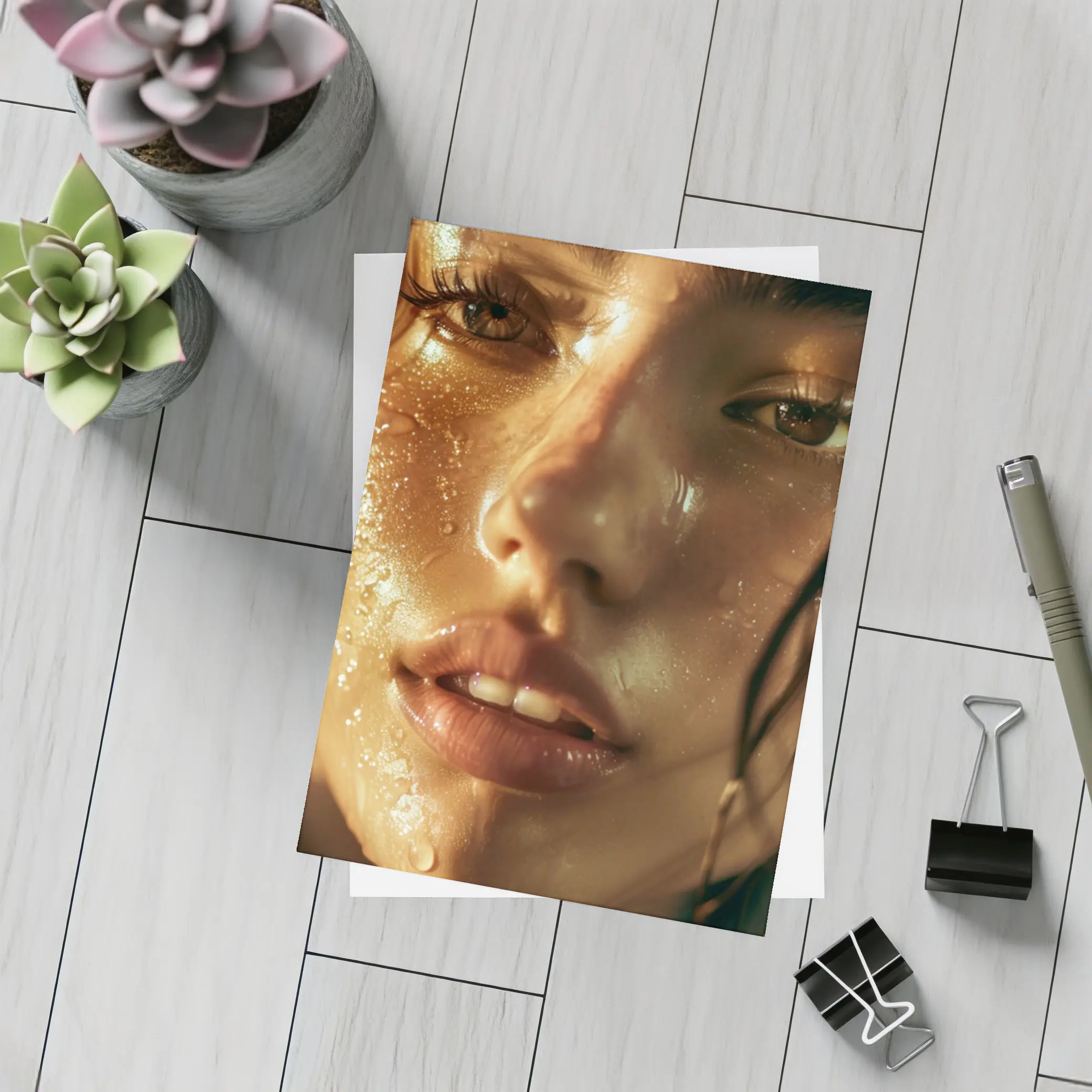 Close Up Woman Face Golden Water Drops – Postcards