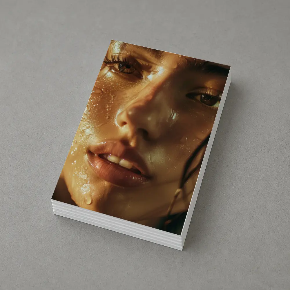 Close Up Woman Face Golden Water Drops – Postcards