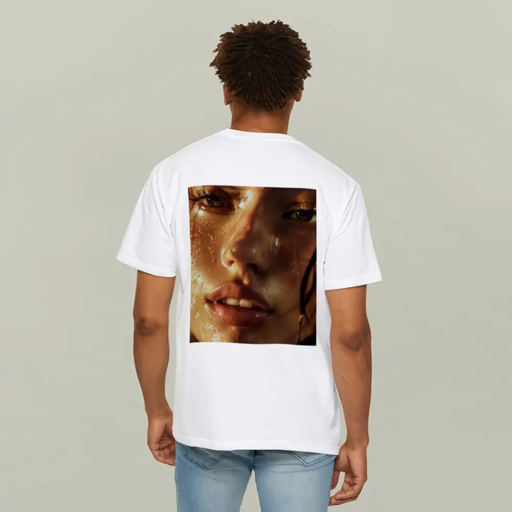 Close Up Woman Face Golden Water Drops – T-Shirts