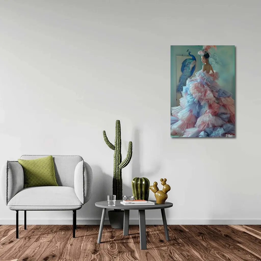 Woman in Pink Tulle Gown Peacock Background – Wall Art
