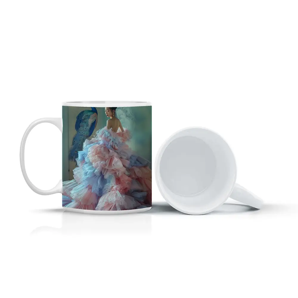Woman in Pink Tulle Gown Peacock Background – Mugs