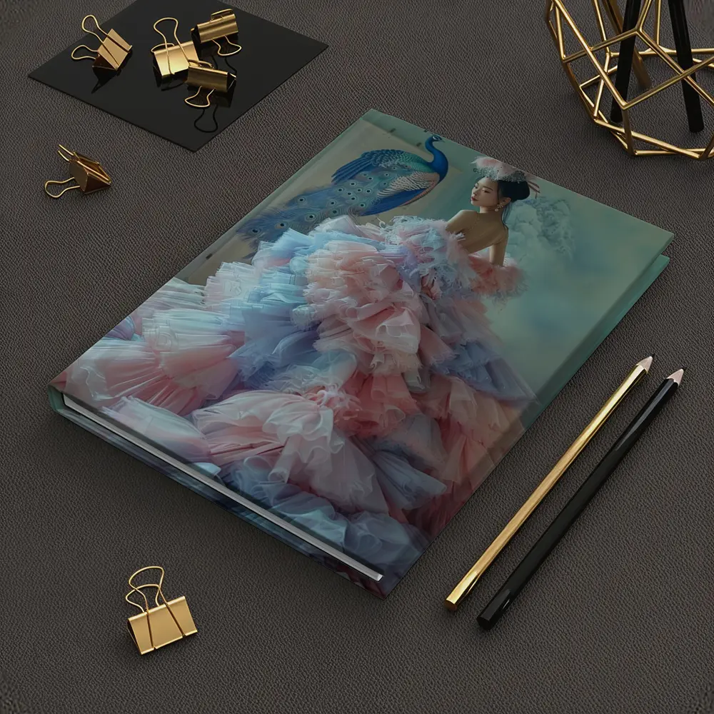 Woman in Pink Tulle Gown Peacock Background – Notebooks