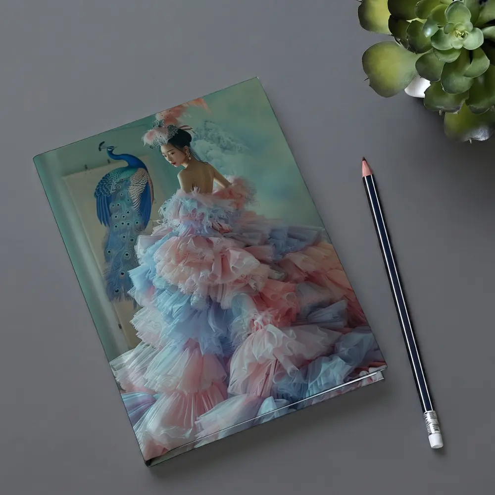 Woman in Pink Tulle Gown Peacock Background – Notebooks