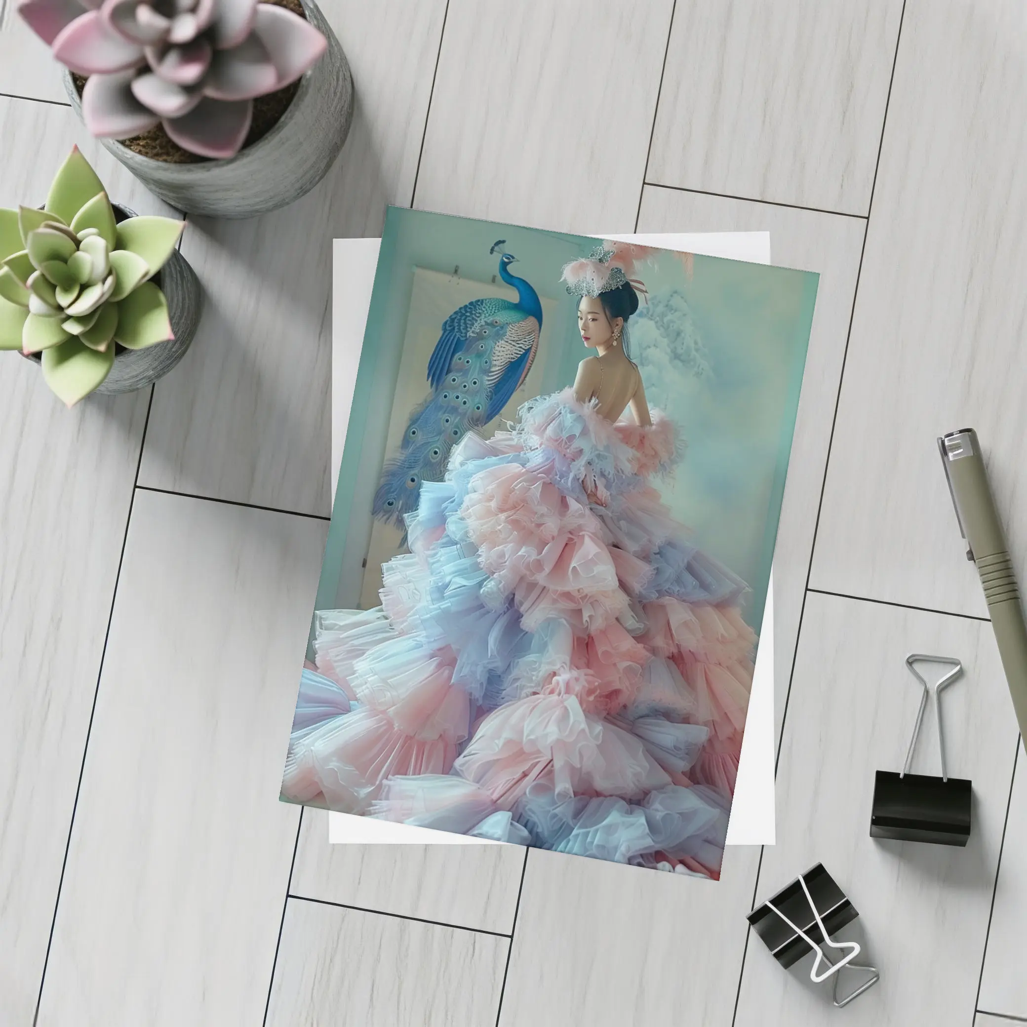 Woman in Pink Tulle Gown Peacock Background – Postcards