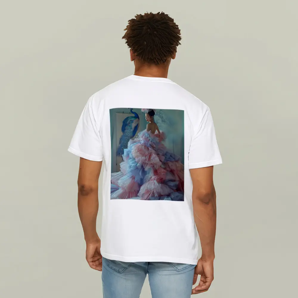 Woman in Pink Tulle Gown Peacock Background – T-Shirts