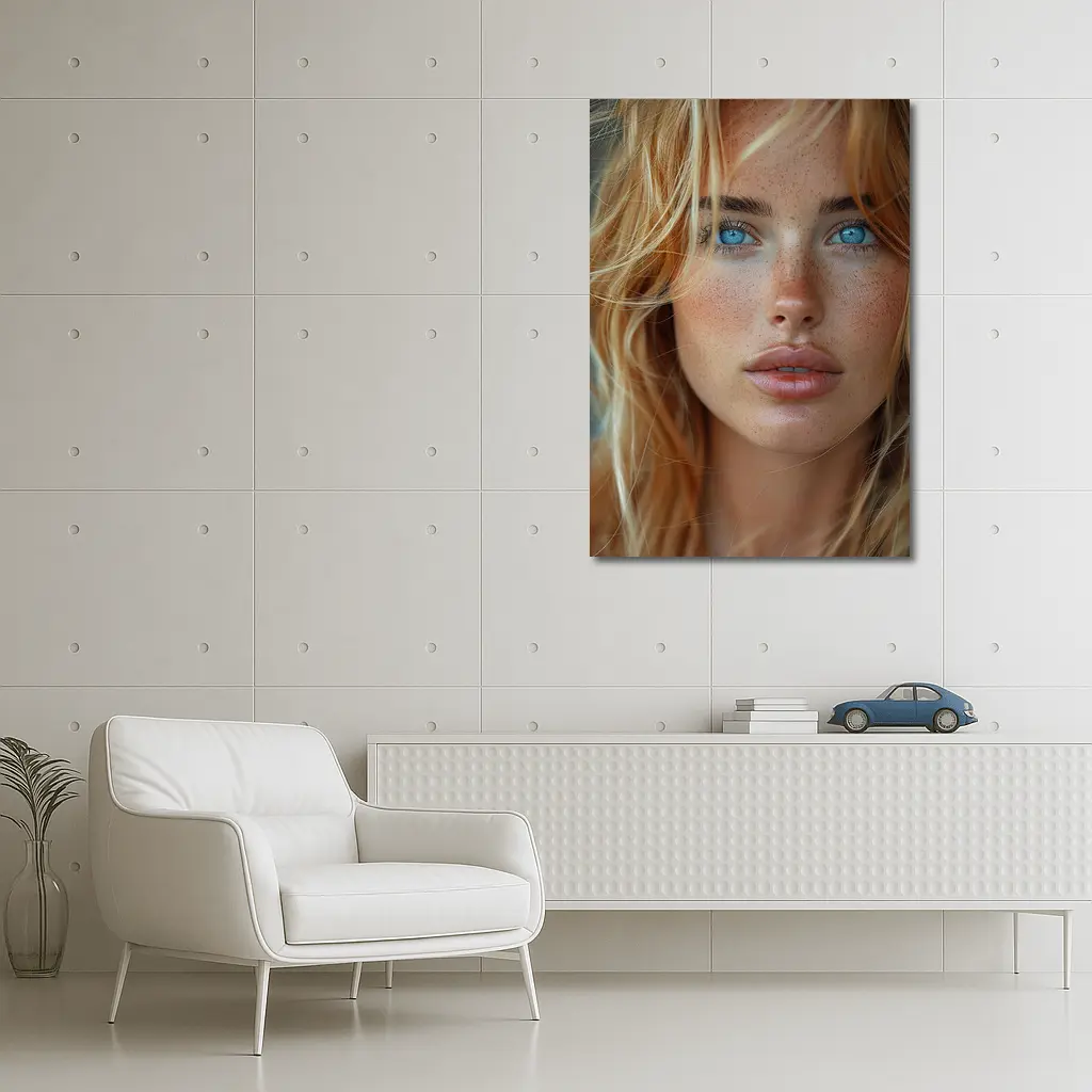 Blue Eyed Blonde Woman Close Up Portrait – Wall Art