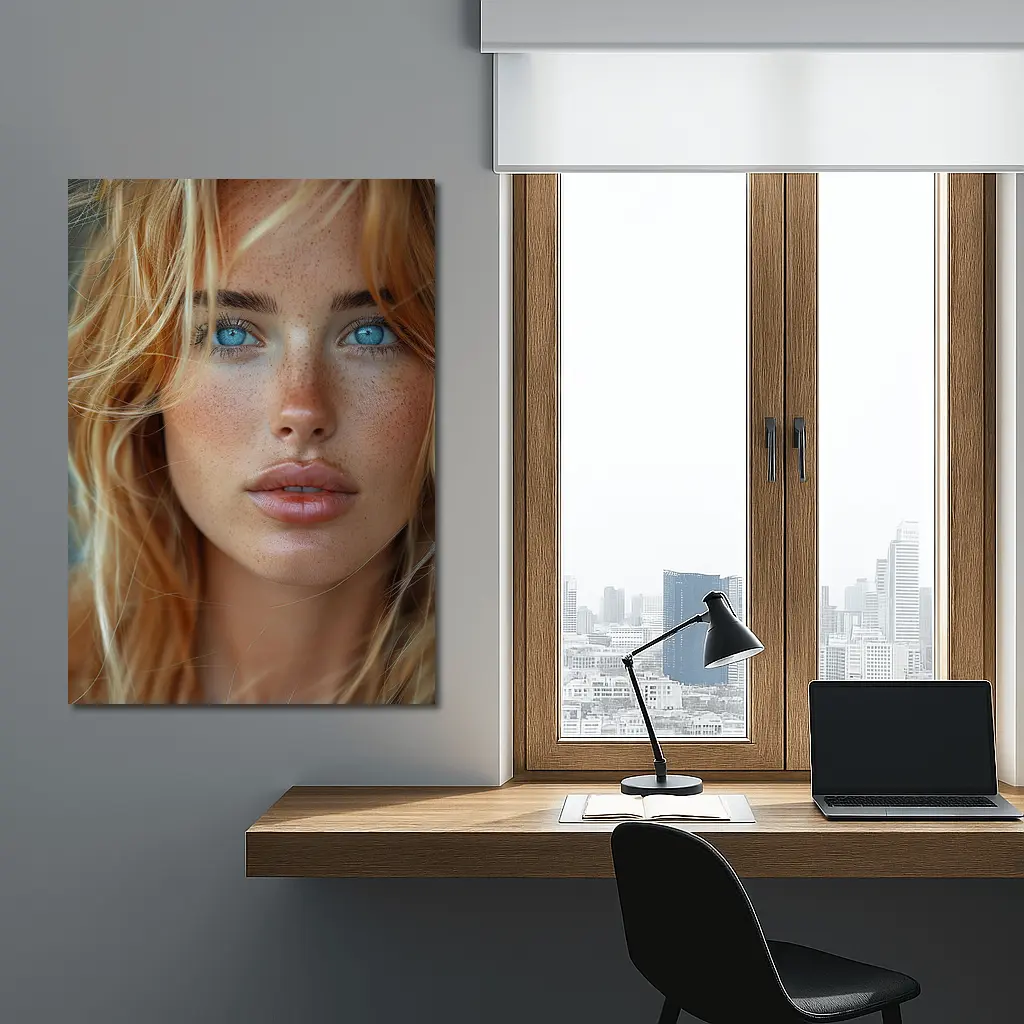Blue Eyed Blonde Woman Close Up Portrait – Wall Art