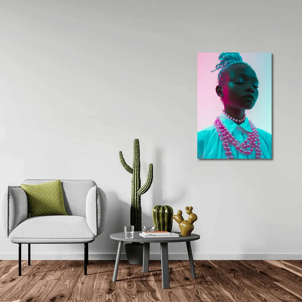Woman Portrait Neon Pink Teal Studio Light – Wall Art