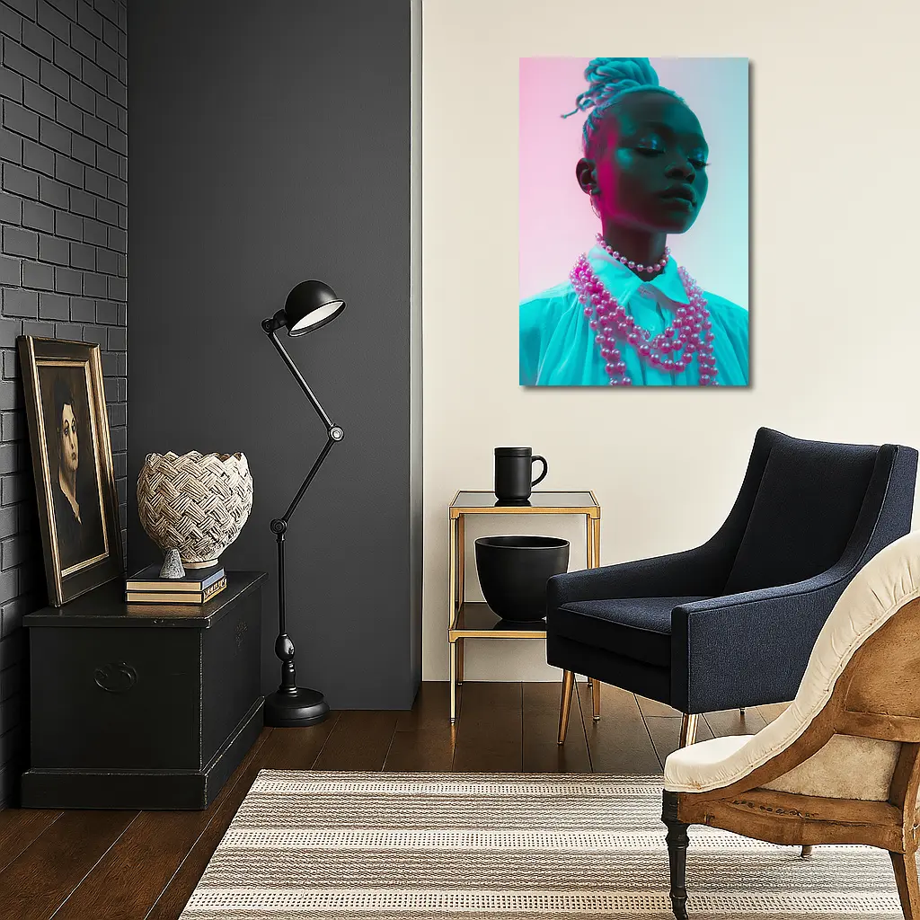 Woman Portrait Neon Pink Teal Studio Light – Wall Art