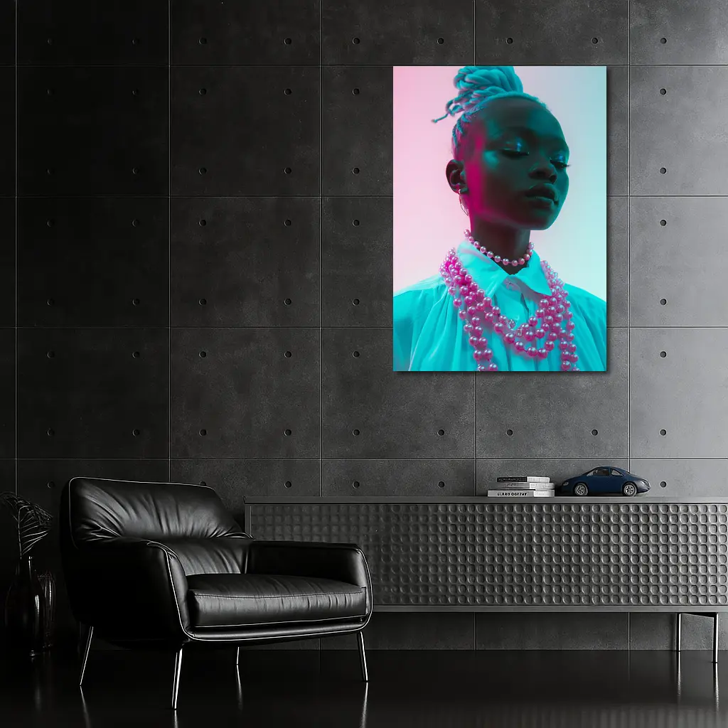 Woman Portrait Neon Pink Teal Studio Light – Wall Art