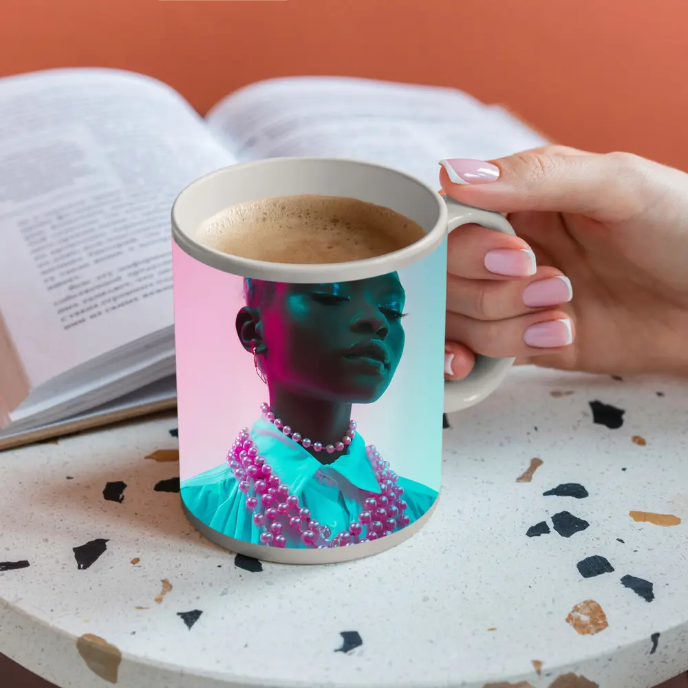 Woman Portrait Neon Pink Teal Studio Light – Mugs