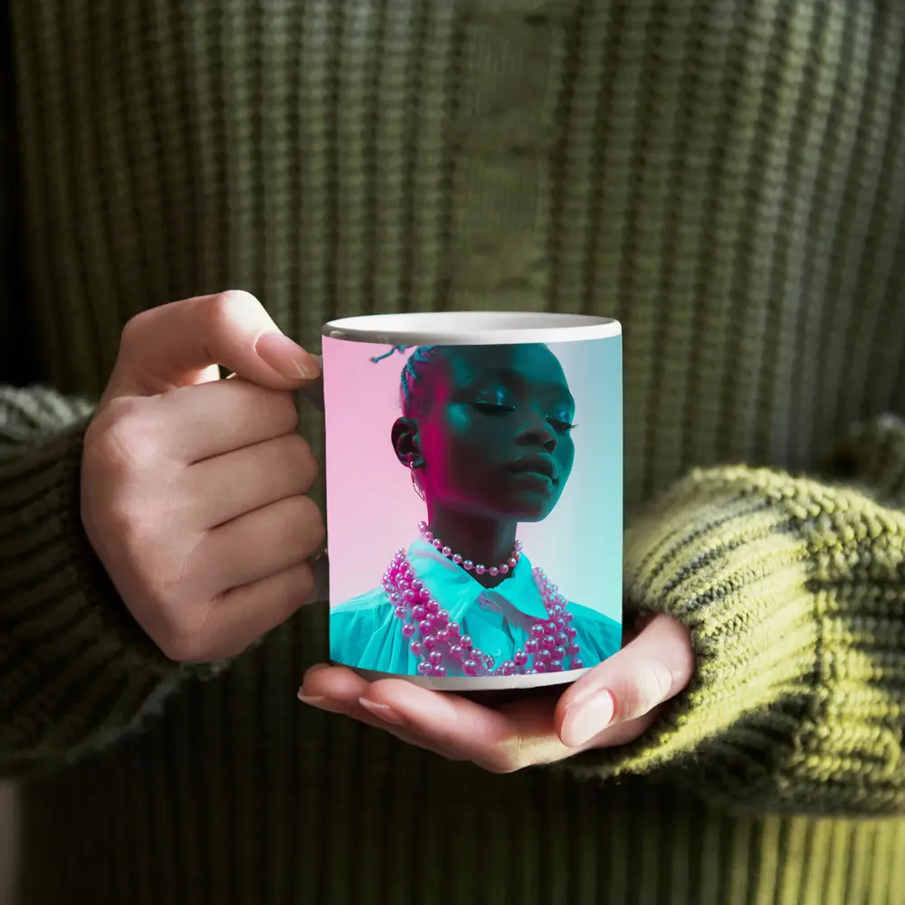 Woman Portrait Neon Pink Teal Studio Light – Mugs