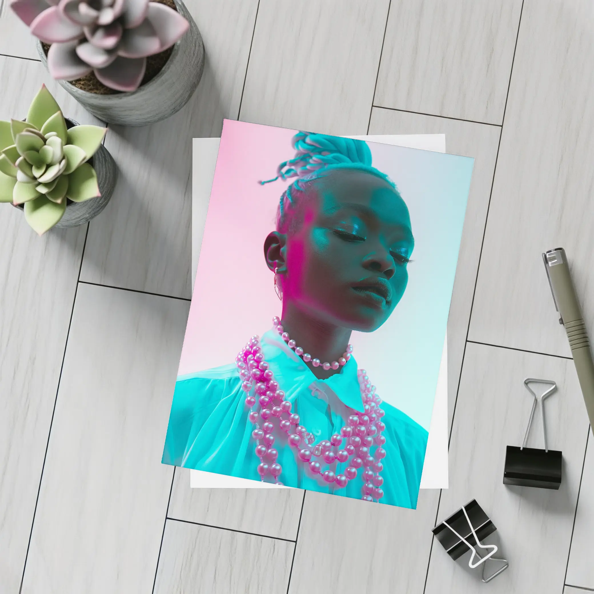 Woman Portrait Neon Pink Teal Studio Light – Postcards