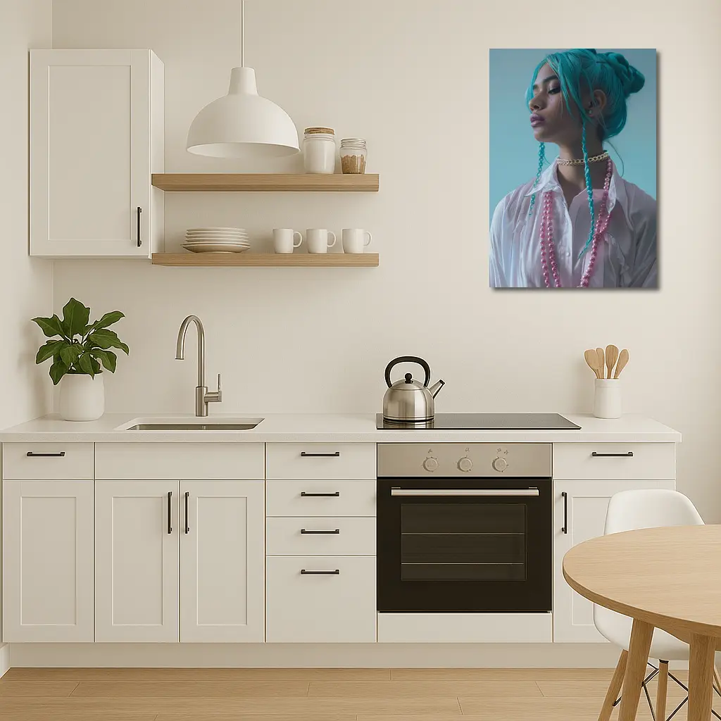 Teal Hair Woman Pink Pearls Light Background – Wall Art