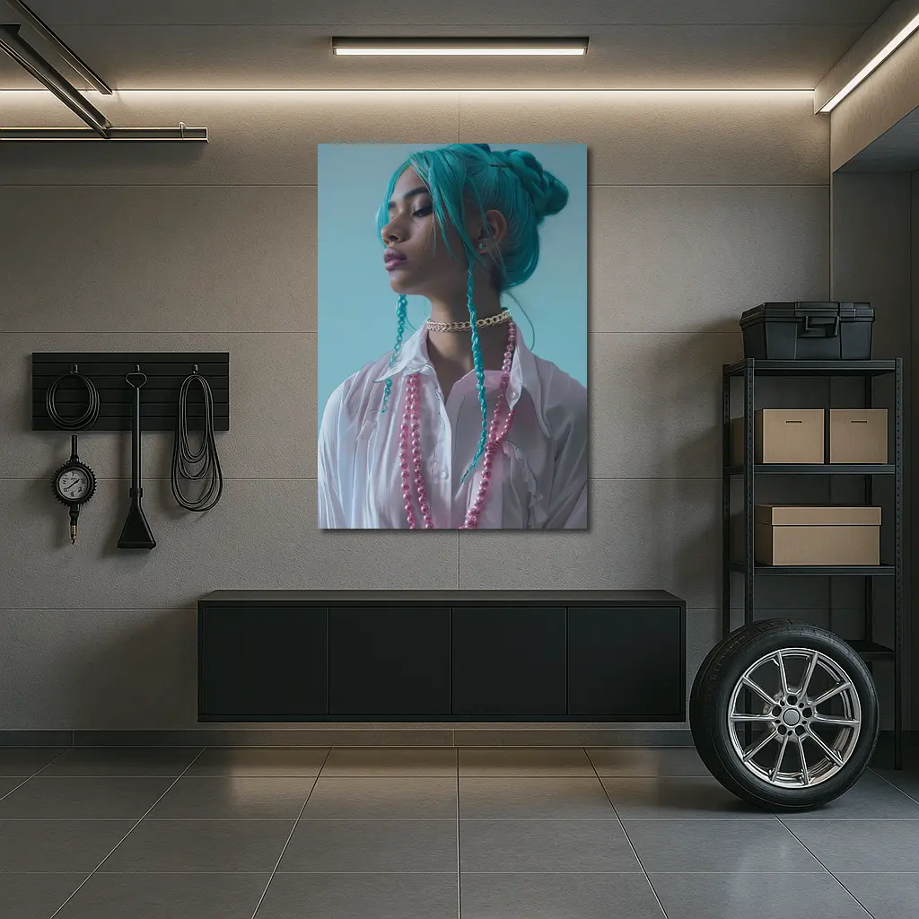 Teal Hair Woman Pink Pearls Light Background – Wall Art