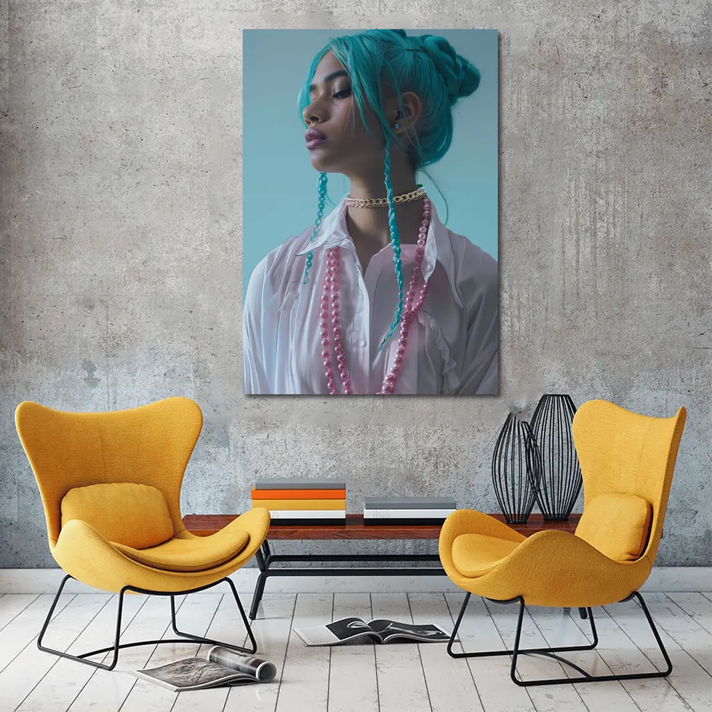 Teal Hair Woman Pink Pearls Light Background – Wall Art