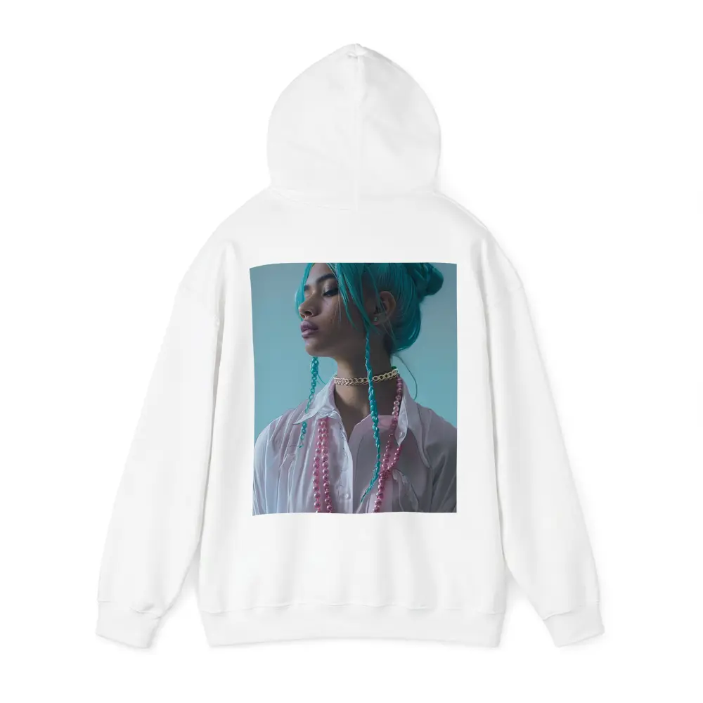 Teal Hair Woman Pink Pearls Light Background – Hoodies