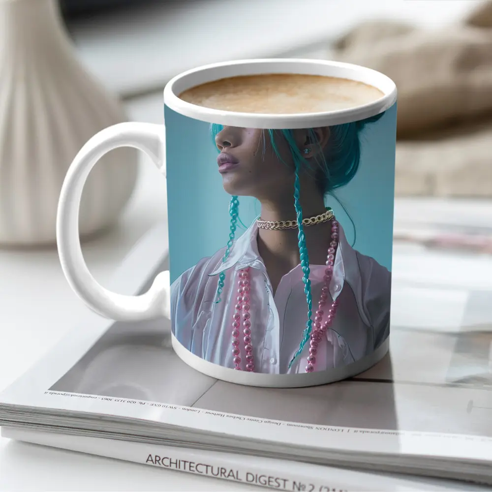 Teal Hair Woman Pink Pearls Light Background – Mugs