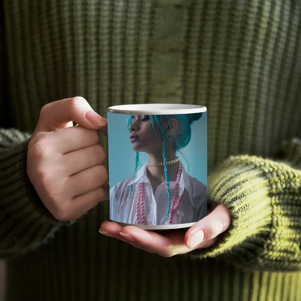Teal Hair Woman Pink Pearls Light Background – Mugs