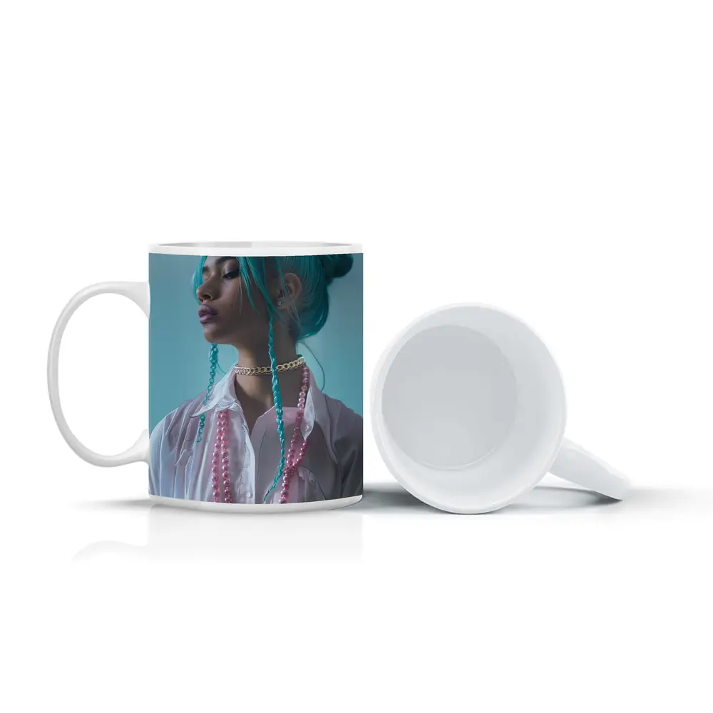 Teal Hair Woman Pink Pearls Light Background – Mugs