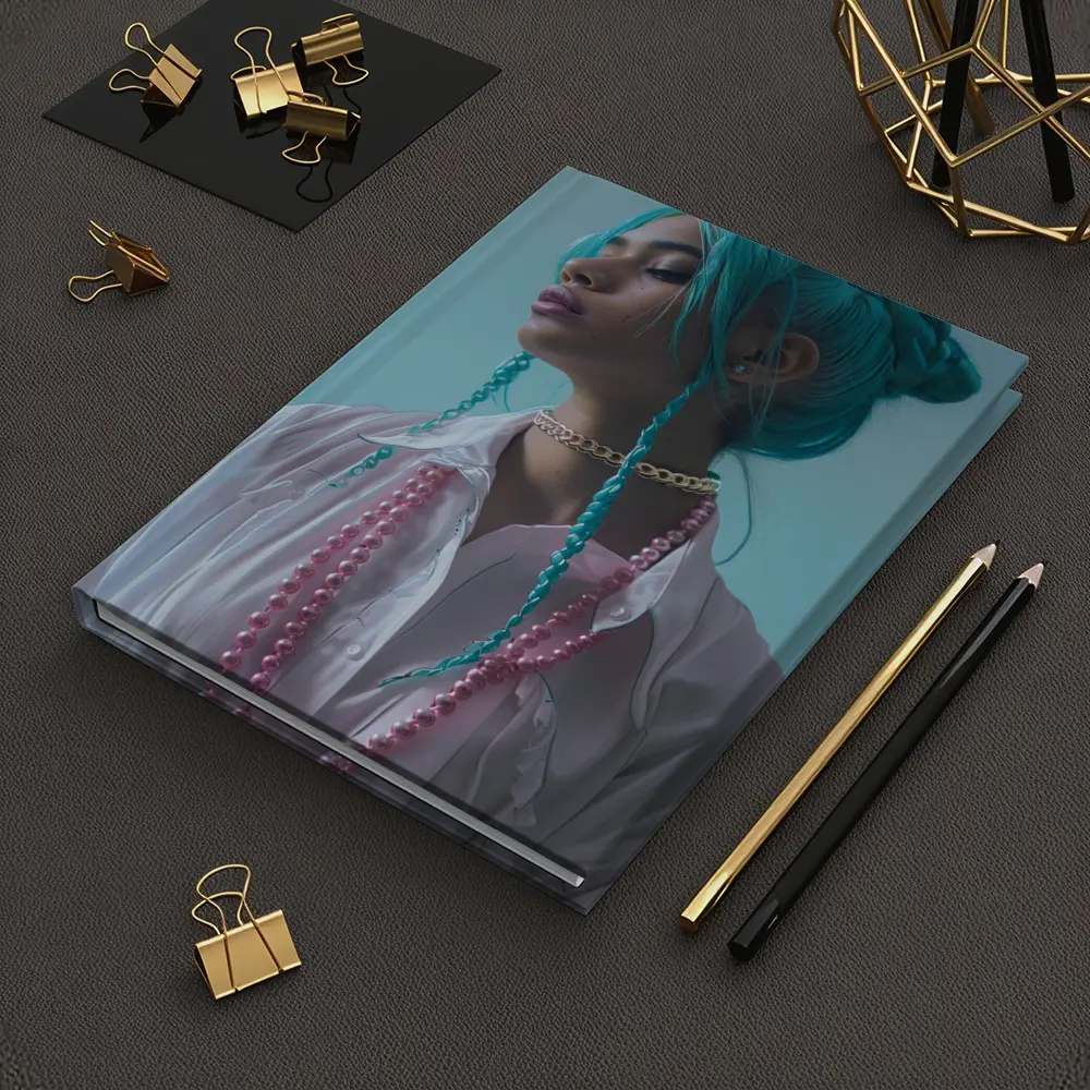 Teal Hair Woman Pink Pearls Light Background – Notebooks