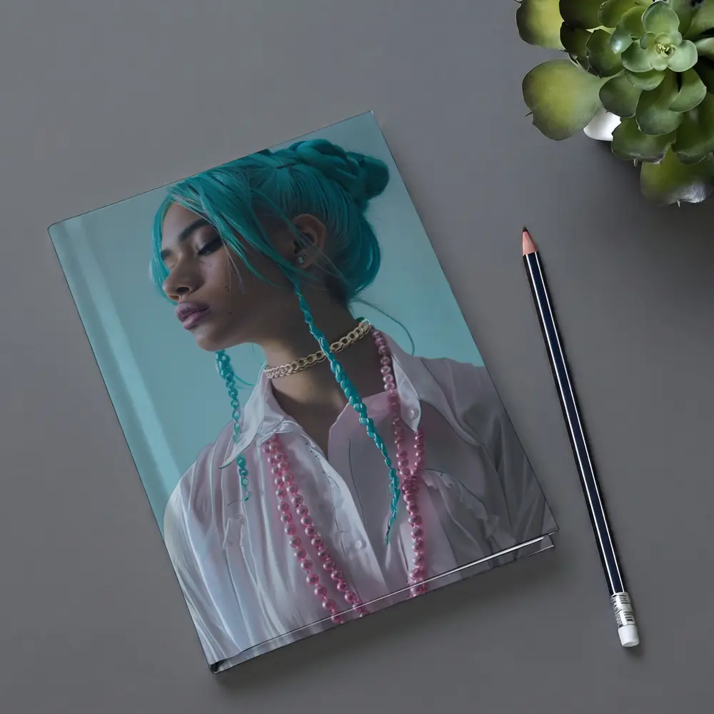 Teal Hair Woman Pink Pearls Light Background – Notebooks