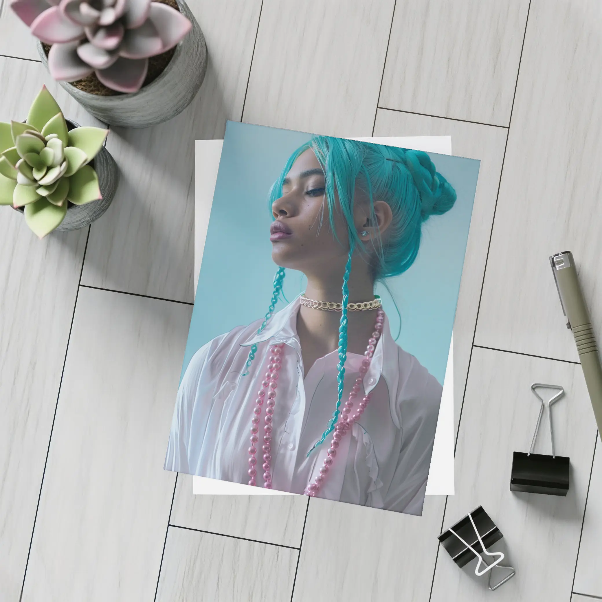 Teal Hair Woman Pink Pearls Light Background – Postcards