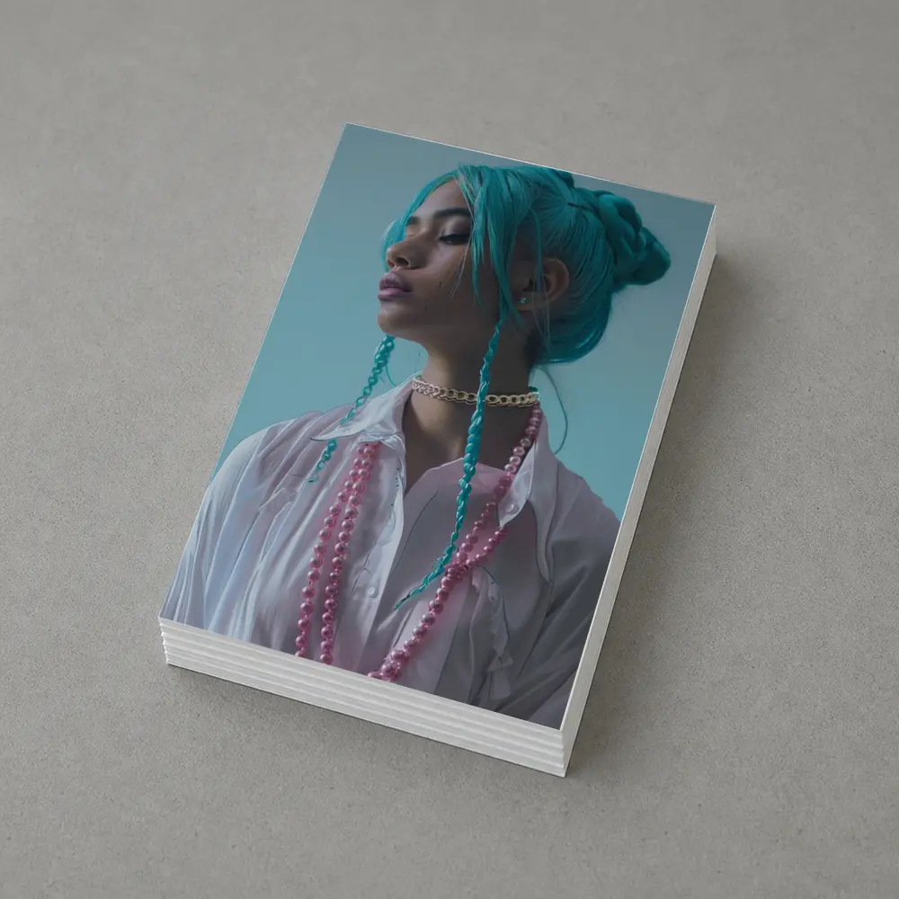 Teal Hair Woman Pink Pearls Light Background – Postcards
