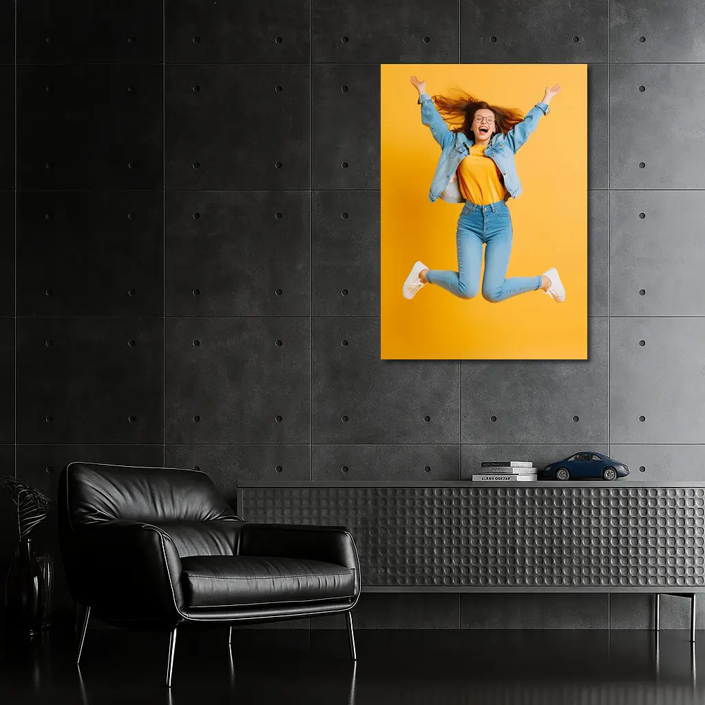 Happy Girl Jumping On Yellow Background – Wall Art